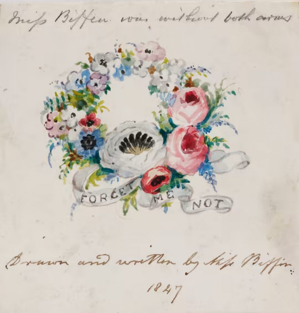 Self-portrait Sarah Biffin, Forget-me-not (1847). Courtesy of Philip Mould and Company.