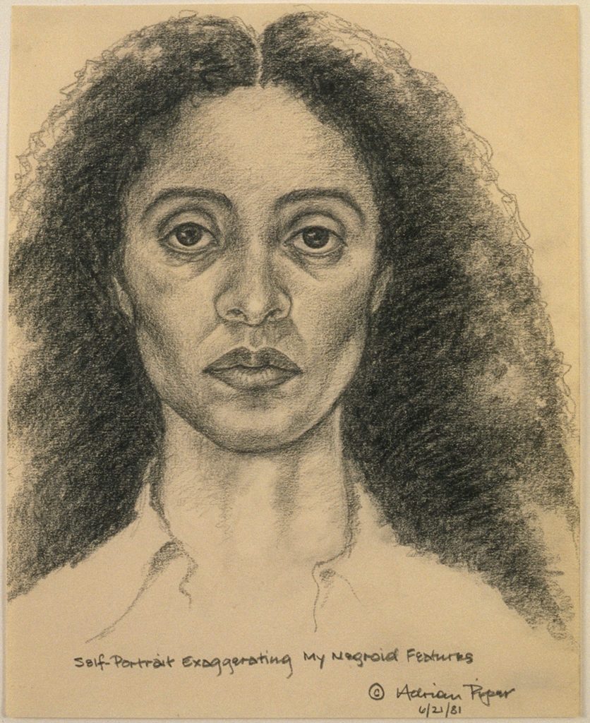 Adrian Piper, Self-Portrait Exaggerating My Negroid Features (1981). Pencil on paper. 10