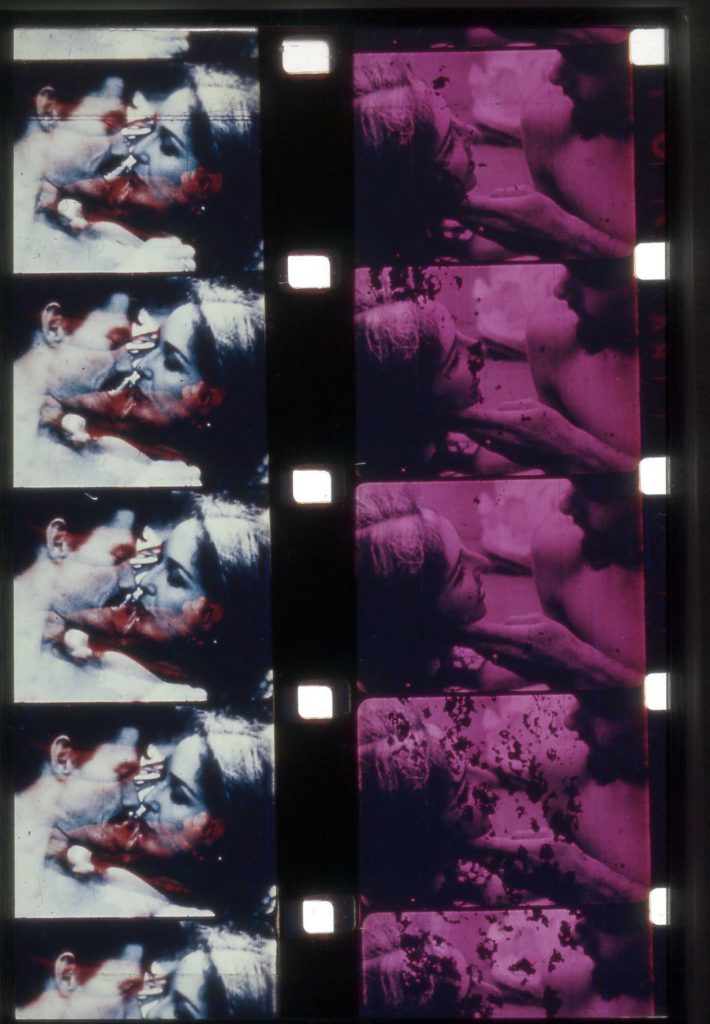 Two film strips from Fuses, (1964–67). 16 mm film transferred to HD video, colour, silent, 29:51 min. Original film burned with fire and acid, painted and collaged. Courtesy Electronic Arts Intermix (EAI), New York. Courtesy of the Carolee Schneemann Foundation and Galerie Lelong & Co., Hales Gallery, and P.P.O.W, New York and © Carolee Schneemann Foundation / ARS, New York and DACS, London 2022.