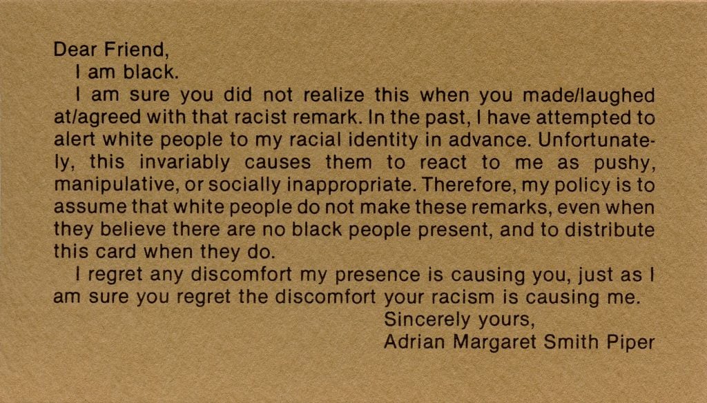 Adrian Piper, My Calling (Card) #1 (Reactive Guerrilla Performance for Dinners and Cocktail Parties), (1986-1990). Performance prop: brown printed card. 3.5" x 2" (9 cm x 5,1 cm). Collection of the Adrian Piper Research Archive (APRA) Foundation Berlin. © APRA Foundation Berlin.