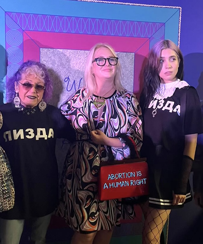Three generations of feminist artists in Miami: Judy Chicago, Michele Pred, and Pussy Riot's Nadya Tolokonnikova. Photo by Sarah Rossien.