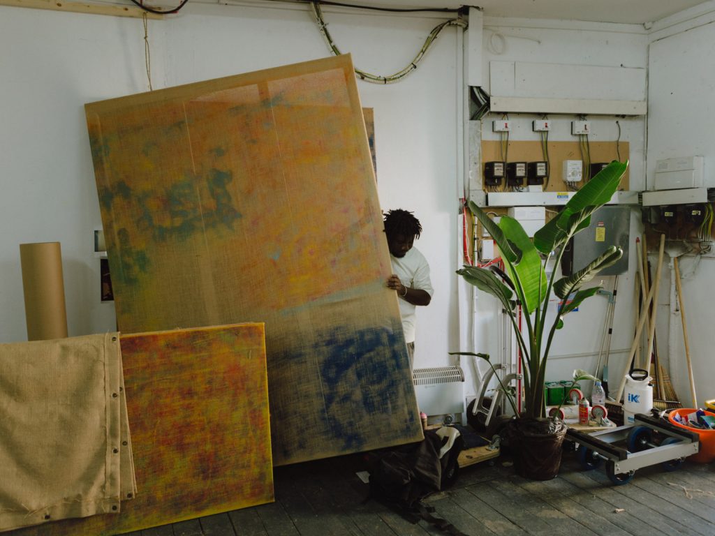 Alvaro Barrington in his studio, August 2022. Photo: Timothy Spurr, © Alvaro Barrington, courtesy the artist and Sadie Coles HQ, London. 