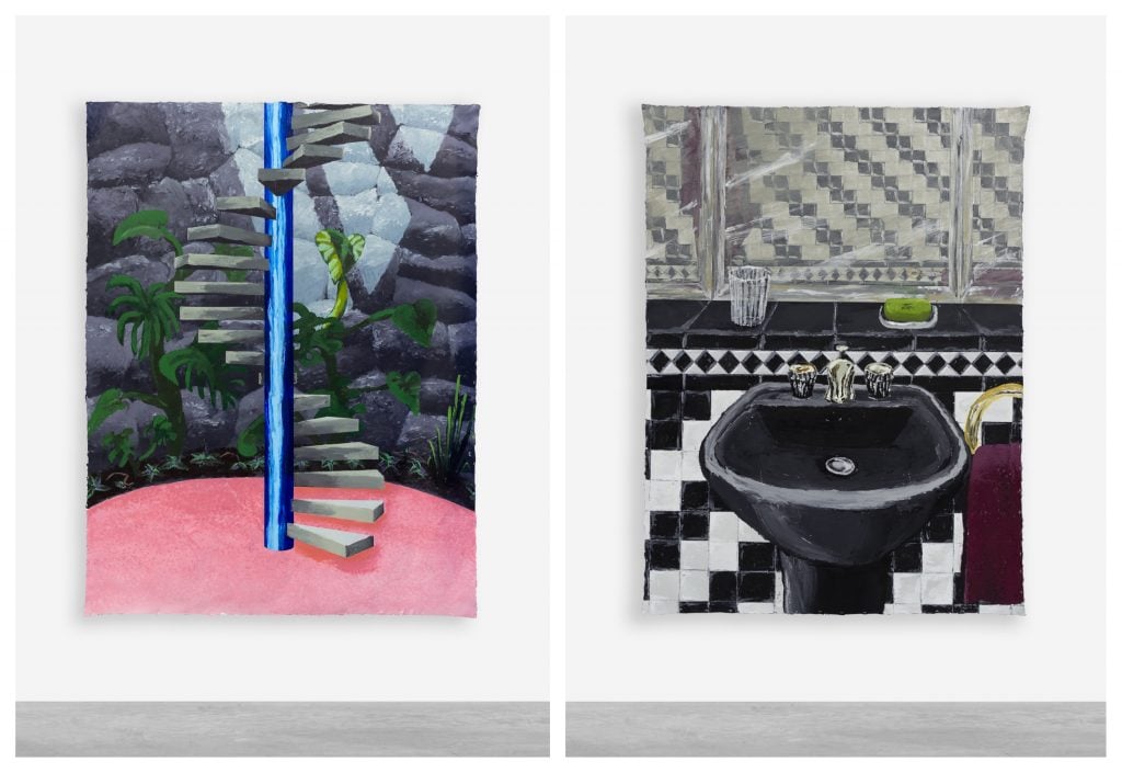 Escalera, (L) 2021 and Lavabo (R) 2021. All images: © Manuel Solano 2022, courtesy the artist; Carlos/Ishikawa, London; and Peres Projects, Berlin