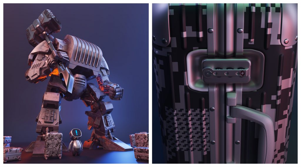 RTFK's NFT robot and a close-up of their case collaboration. Courtesy of Rimowa