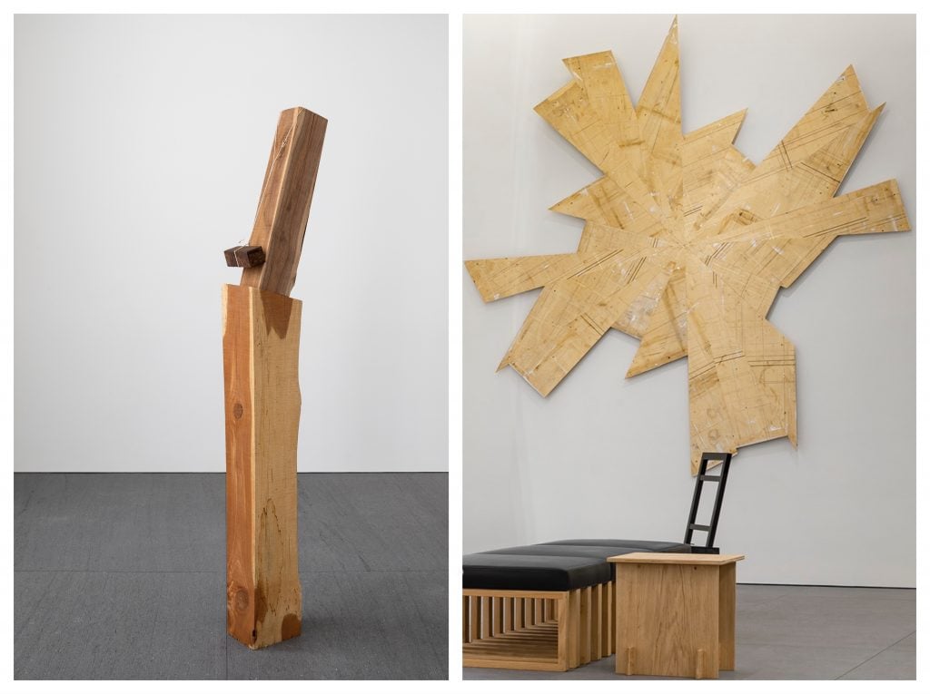 Virginia Overton's 2017 untitled sculpture stands at attention in Celine's Los Angeles boutique. Her 2018 untitled plywood "star" is affixed to the wall of the SoHo store. Courtesy of Celine.