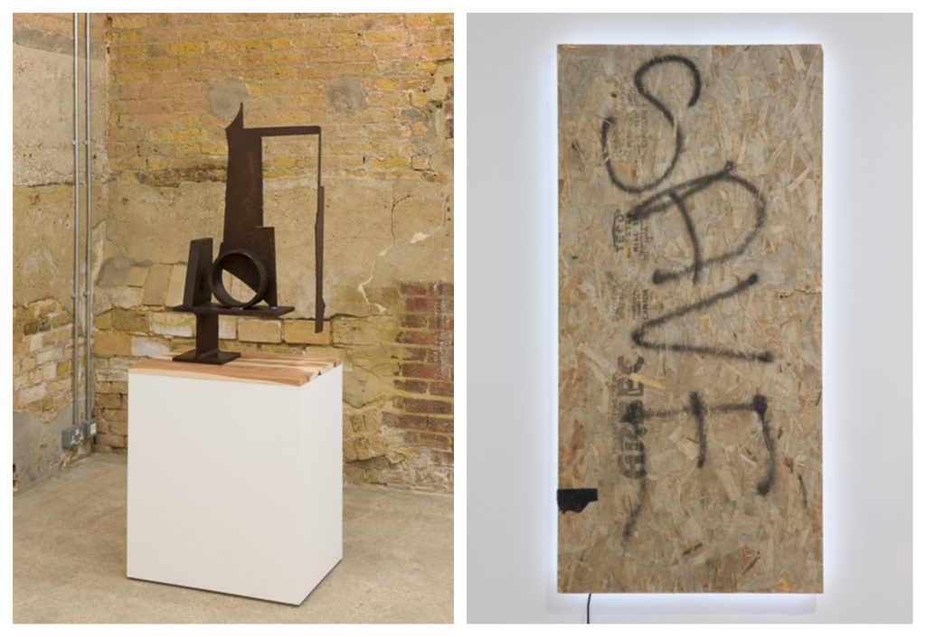 Untitled sculptures from the Goldsmiths CCA show (L) and "Saved" at Frist in Nashville (R). Courtesy Overton Studio. 