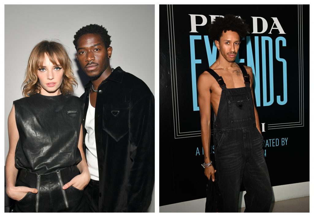 Maya Hawke and Damson Idris and artist Miles Greenberg attend Prada Extends Miami 2022 at the Faena Forum on December 1. Photo: (L) by Craig Barritt/Getty Images for Prada) and (R) Jason Koerner/Getty Images for Prada)