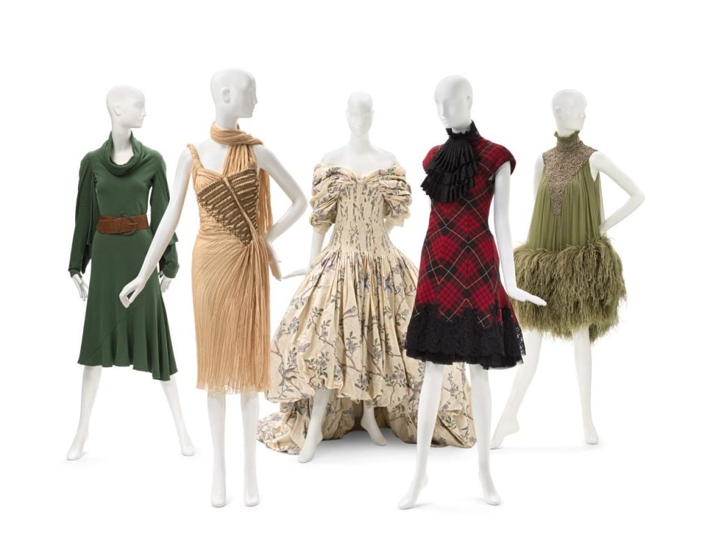 A selection of Alexander McQueen''s designs featured in "Mind, Mythos, Muse." Courtesy of the National Gallery of VIctoria.