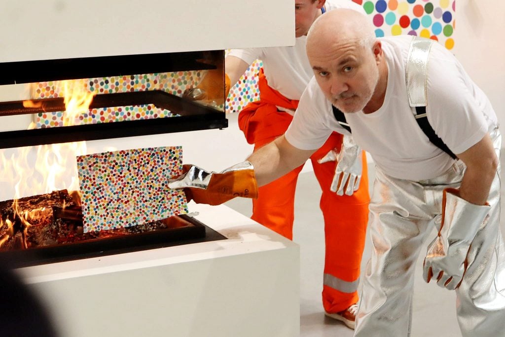 Damien Hirst at Newport Street Gallery for the grande finale of The Currency. Photo: Naomi Rea.