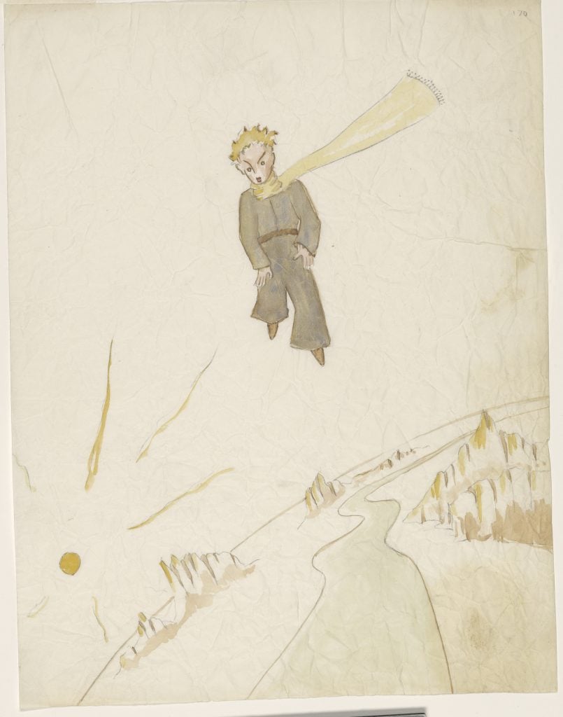 Antoine de Saint Exupéry, The little prince flying over a planet with mountains and a river (1942). Collection of the Morgan Library and Museum. Photo: Graham S. Haber.