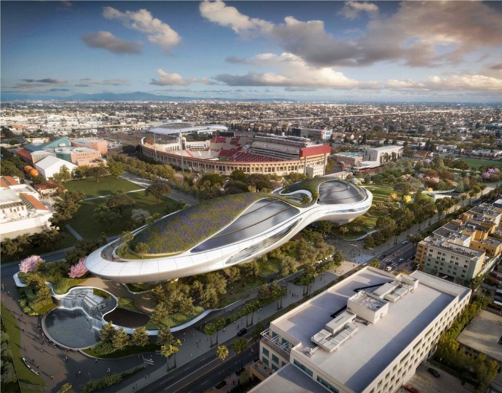 An aerial rendering of the Lucas Museum, slated to open in Los Angeles in 2025. Courtesy of the Lucas Museum of Narrative Art
