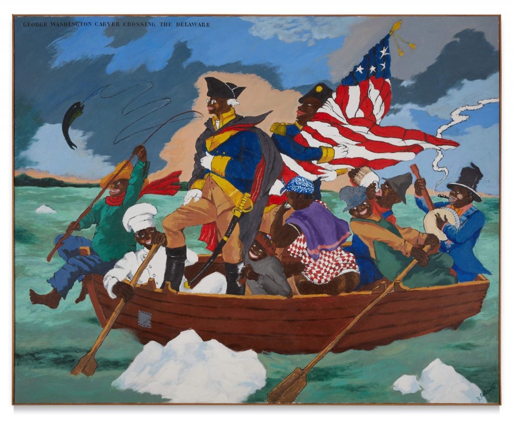 Robert Colescott, <i>George Washington Carver Crossing the Delaware: Page from an American History Textbook</i> (1975). Courtesy of the Lucas Museum of Narrative Art, Los Angeles, © 2021 The Robert H. Colescott Separate Property Trust/ Artists Rights Society (ARS), New York