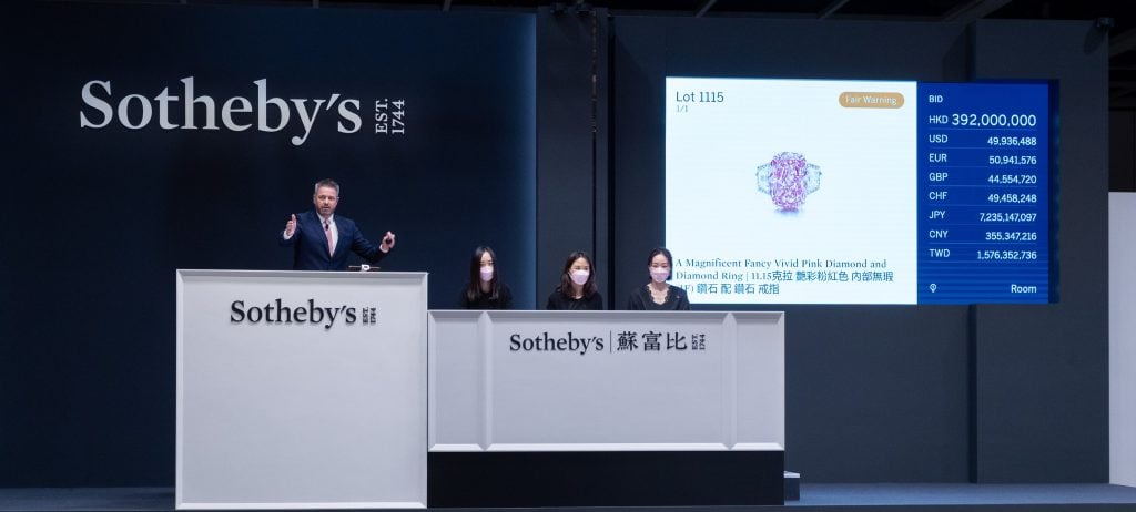 Sale of the Wiliamson Pink Star at Sotheby's Hong Kong, the most valuable lot of the season. It sold for HK$453.2 million ($58 million) during the house's autumn sale. Courtesy of Sotheby's.