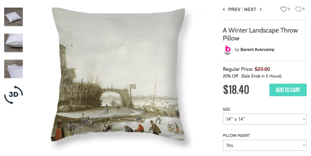 Pixels.com is selling a merchandise such as this throw pillow featuring Hendrick Avercamp's stolen painting <em>Winter Landscape with Skater and Other Figures</em>. 