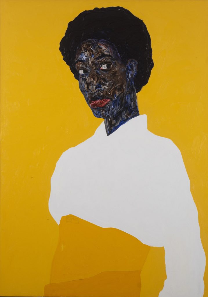Amoako Boafo's <i>White & Three Shades Of Yellow</i> (2022), which hangs at dot.ateliers. Photo: Nii Odzenma.