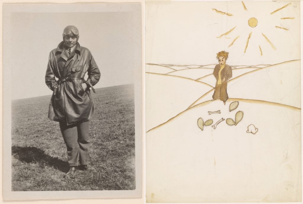 Left: Portrait of Saint-Exupéry in pilot outfit, Buenos Aires (1930). Purchased on the Drue Heinz Twentieth Century Literature Fund, 2021. Collection of the Morgan Library and Museum.