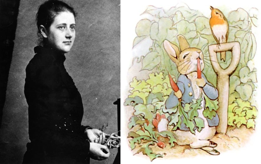 Left: British author and illustrator Beatrix Potter (1892). Photo: Hulton Archive/Getty Images. Right: Illustration from The Tale of Peter Rabbit (1901).