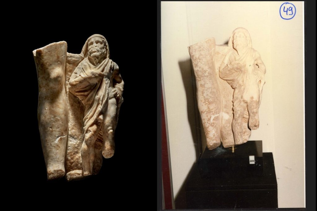 Roman marble figure of Priapos (ca. early 3rd century C.E.), seen at left on the Sotheby's auction listing at at right in a photograph from the archives of convicted antiquities looter Giacomo Medici. Photo courtesy of Sotheby's London and Christos Tsirogiannis.