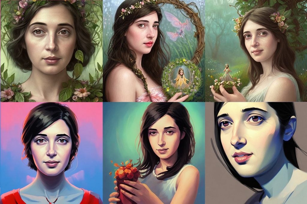 Some of the best Lensa Magic Avatars of Artnet News senior writer Sarah Cascone, from what appear to be the fairy princess and anime themes. Images courtesy of Lensa. 