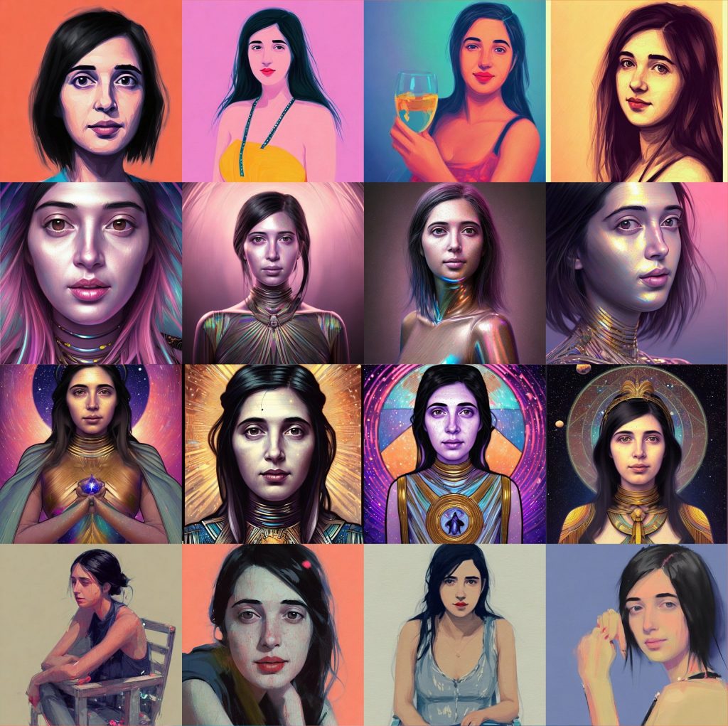 Some of the best Lensa Magic Avatars of Artnet News senior writer Sarah Cascone. By row, these appear to be the pop, iridescent, cosmic, and stylish themes. Images courtesy of Lensa.