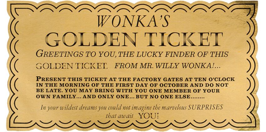 This Golden Ticket prop from Willy Wonka and the Chocolate Factory (1971) sold for $137,500 at Heritage Auctions. Photo courtesy of Heritage Auctions.
