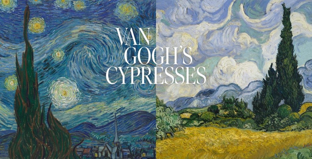 A composite image of Vincent van Gogh's A Wheatfield, With Cypresses (1889) from the collection of the Metropolitan Museum of Art, New York, and The Starry Night (1889), from the collection of the Museum of Modern Art, New York.