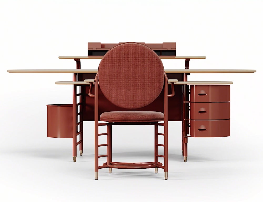 Desk and chair from the Frank Lloyd Wright Racine collection. Courtesy of Steelcase.