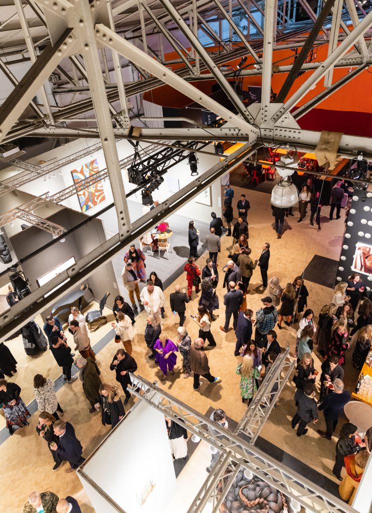 An overhead view of the 2023 FOG Art and Design Fair at Fort Mason Festival Pavilion in San Francisco. Photo by Katie Johnson for Drew Altizer Photography.