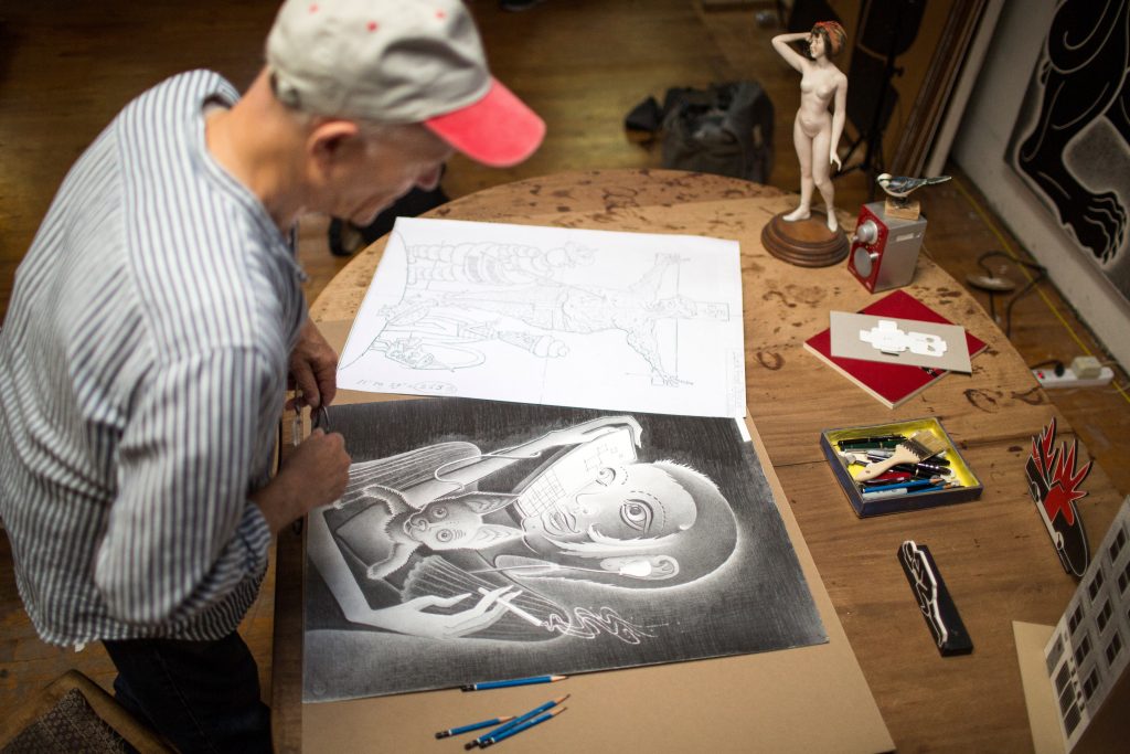 Anton van Dalen working in his studio in <em>Anton: Circling Home</em> (2020). Photo by Anthony Lindsey.