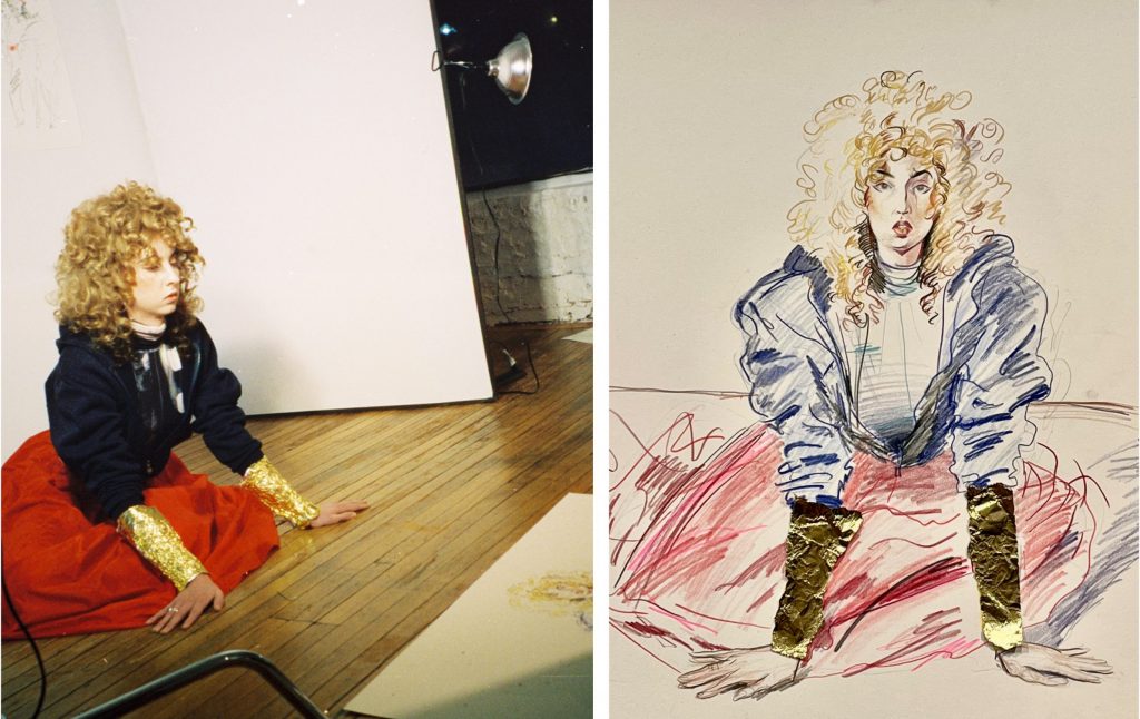 Crouching for glory: a model poses and a detail of her portrait. Photo: (L) Jan Carlos Diaz (R) Angela Kelley 