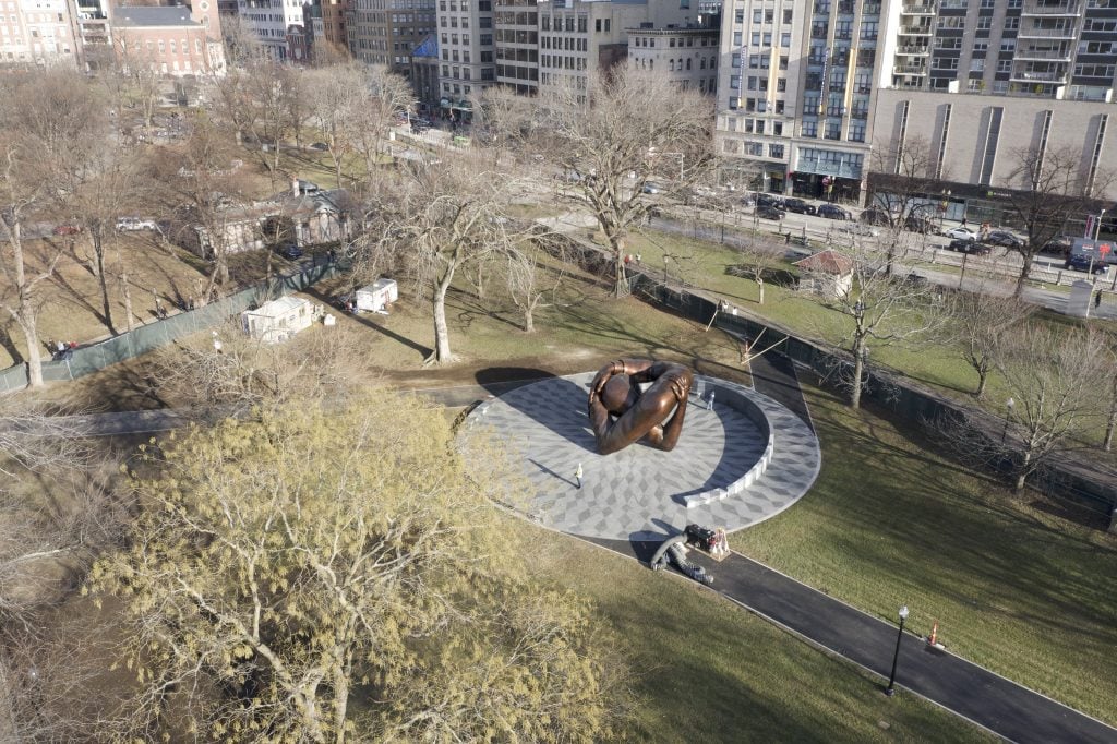 Hank Willis Thomas, The Embrace in the new 1965 Freedom Plaza by design firm MASS Design Group at Boston Commons. Photo courtesy of the artist.