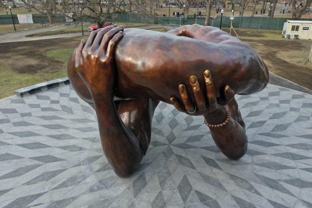 Hank Willis Thomas, The Embrace in the new 1965 Freedom Plaza by design firm MASS Design Group at Boston Common. Photo courtesy of the artist.
