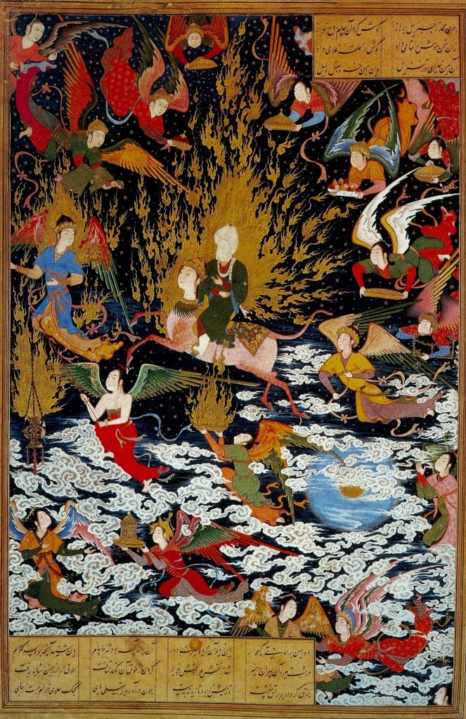Persian miniature 1550 AD depicting the Prophet Muhammad ascending on the Burak into Heaven, a journey known as the Miraj. Photo by Universal History Archive/Getty Images.