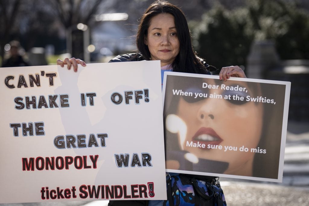 A Taylor Swift fan demonstrating outside the U.S. Capitol while the Senate Judiciary Committee held a hearing on whether the merger of Live Nation and Ticketmaster has stifled competition and harmed the consumer marketplace. (Photo by Drew Angerer/Getty Images)
