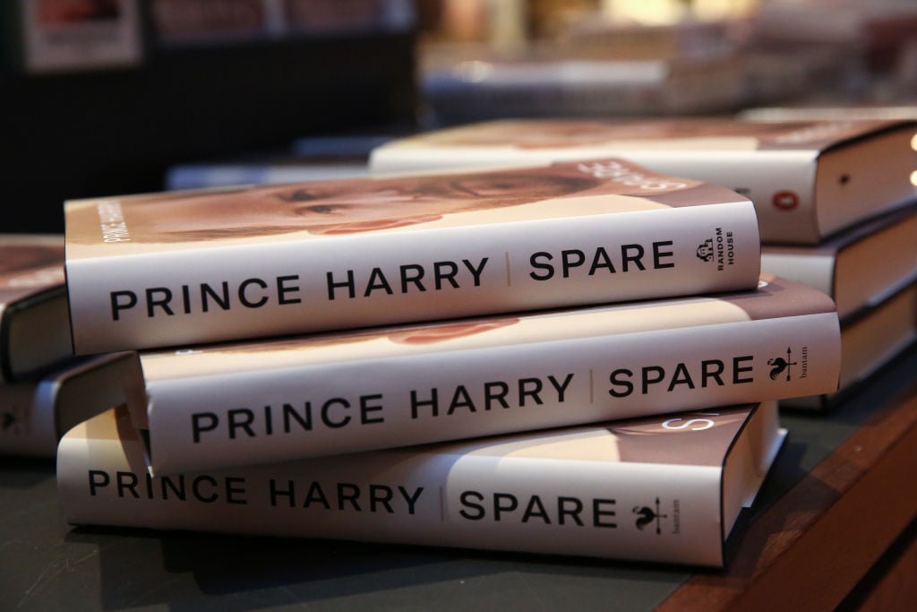 Copies of Prince Harry’s memoir “Spare.” Photo by Adam Berry/Getty Images