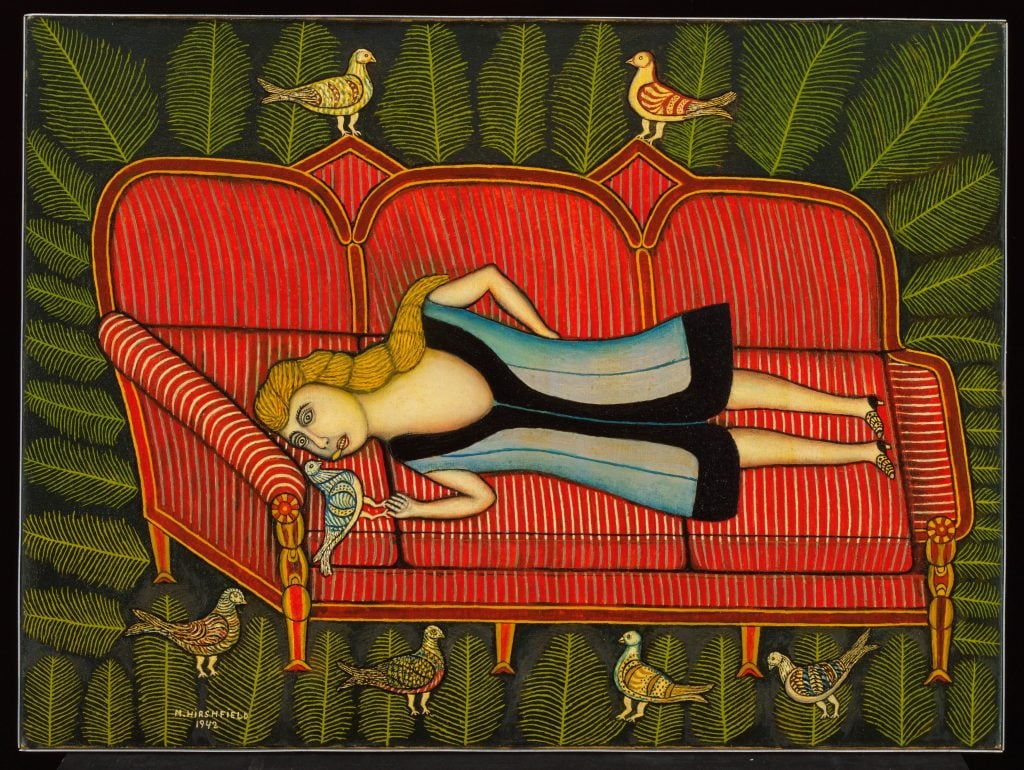 Morris Hirshfield, Girl with Pigeons (1942). Collection of the Museum of Modern Art, New York, The Sidney and Harriet Janis Collection. © 2022 Robert and Gail Rentzer for Estate of Morris Hirshfield / Licensed by VAGA at Artists Rights Society (ARS), NY.