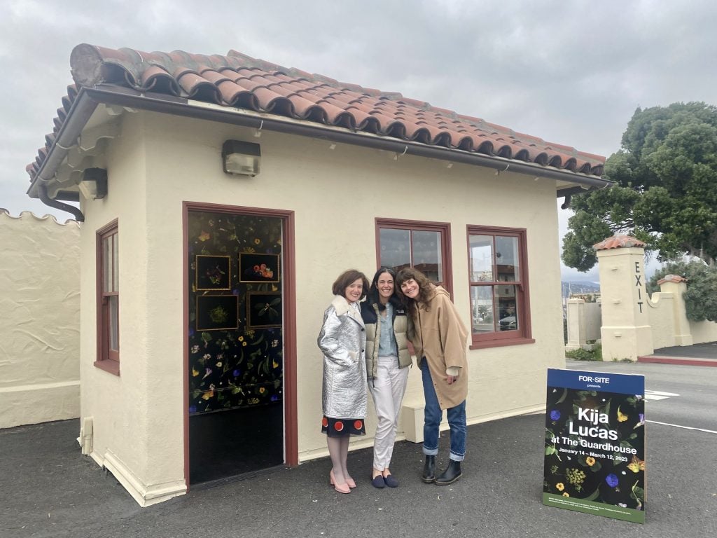Artist Sarah Meyohas was walking by and I enlisted her to join this photo with Florie Hutchinson and Lisa Ellsworth outside "Kija Lucas at the Guardhouse." Photo by Sarah Cascone.