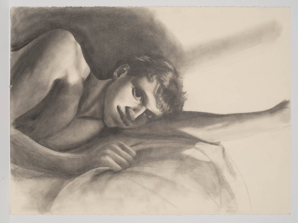 Gilbert Lewis, Untitled (Laying Man), c. 1980 Charcoal and graphite on paper 22 1/4 x 30 inches