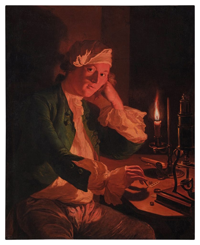 D'Anna Dorothea Therbusch, eng Wëssenschaftlerin, déi bei engem Schreifdësch bei Käerzeliicht sëtzt.  Bild Ugedriwwe Sotheby's.