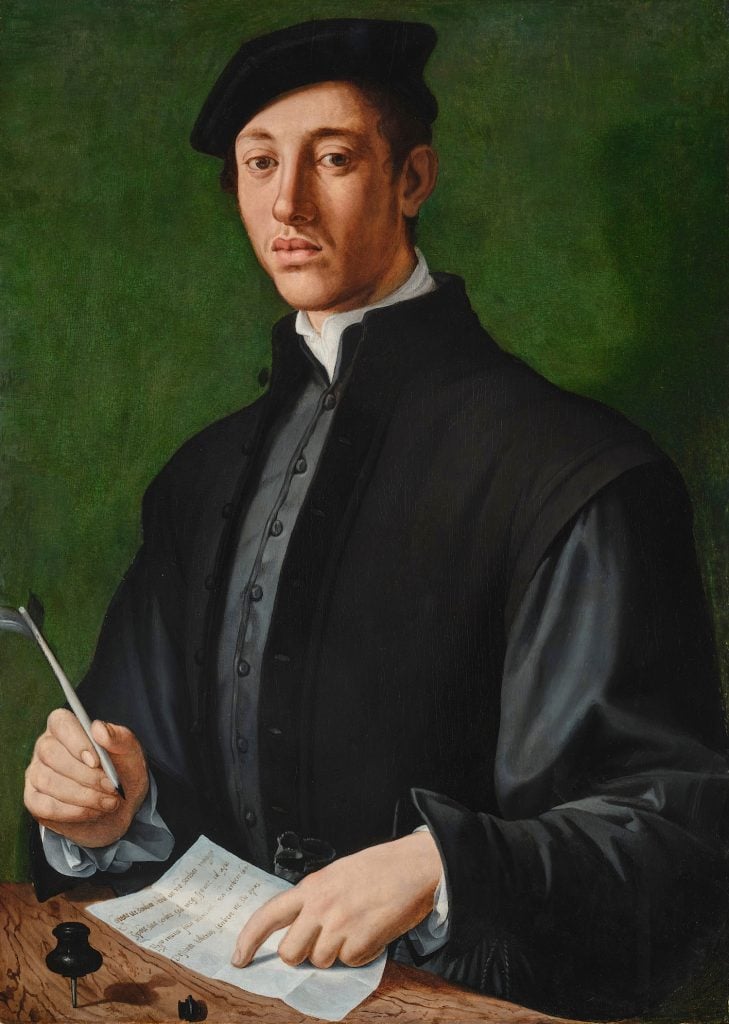 Agnolo di Cosimo, genannt Bronzino, Portrait vun engem jonke Mann mat engem Quill an engem Blat Pabeier, méiglecherweis e Selbstportrait vum Kënschtler Image courtest Sotheby's.
