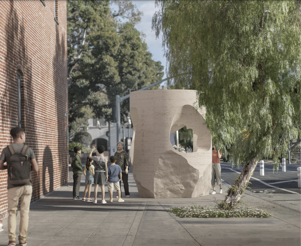 Figure x J. Jih Architecture Collective, led by James Leng and Jennifer Ly in collaboration with J. Roc Jih, rendering for proposal for the 1871 Chinese Massacre Memorial in Los Angeles.