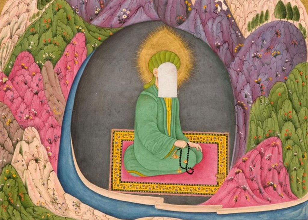 The prophet Muhammad in the cave of Hira, page from a Hamla-yi Haidari manuscript (ca. 1725). Asian Art Museum of San Francisco, gift of George Hopper Fitch.