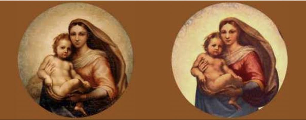 The de Brécy Tondo painting compared to a detail from Raphael's <em>Sistine Madonna</em>. Courtesy of the de Brécy Trust.