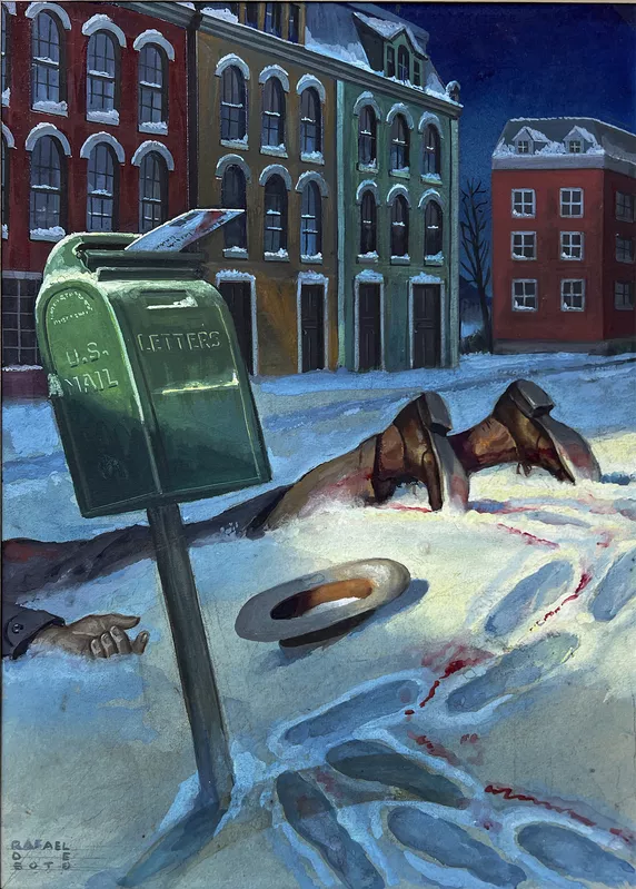 Rafael Desoto, Noir Pulp Magazine, Dead Man in the Snow (1945). Courtesy of Robert Funk Fine Art, Miami.