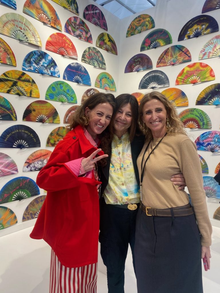 Catherine Keener with Kaufmann Repetto owners Chiara Repetto and Francesca Kaufmann at Frieze Los Angeles 2023. Photo by Sarah Cascone.