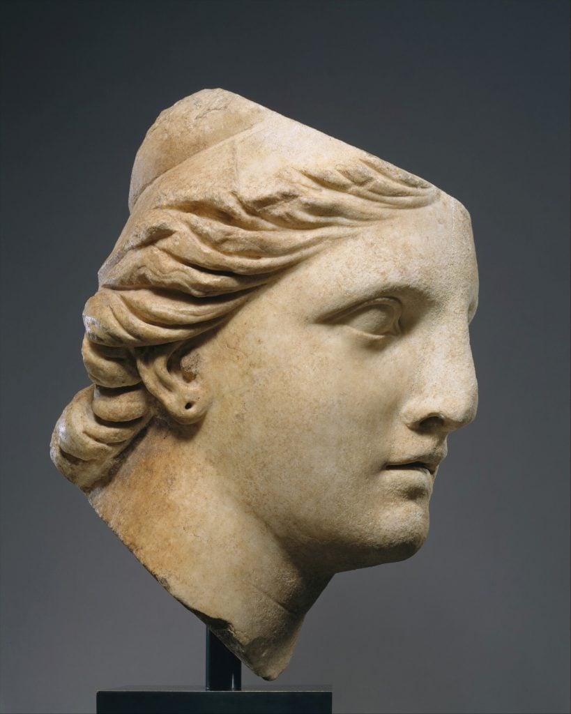 Marble Head of Athena (200 B.C.E.), one of the looted artifacts recovered from the Metropolitan Museum of Art and returned to Italy in 2022. Photo: The Metropolitan Museum of Art.