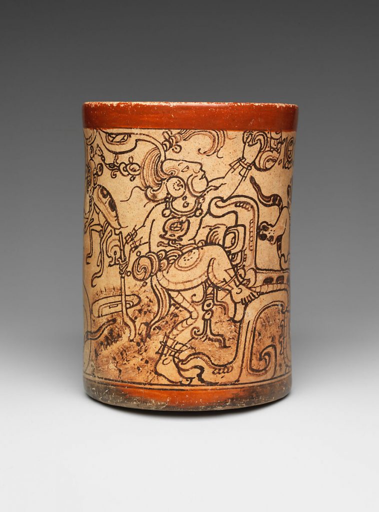 Vessel with mythological scene, attributed to the Metropolitan Painter (ca. 7th–8th century C.E.). This codex-style painted ceramic vessel features a baby jaguar deity, he rain god Chahk, and a skeletal death god. Collection of the Metropolitan Museum of Art, New York. 