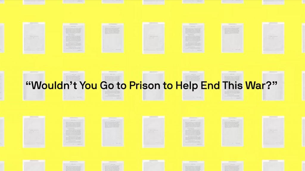 Screenshot from the promotional video for Wouldn't You Go to Prison to Help End the War? by PleasrDAO.