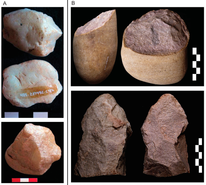 Pebble tools from Pre-Clovis sites in Brazil: A, Vale da Pedra Furada artifacts; B, Toca da Tira Peia artifacts. Photos courtesy of <em> Elsevier</em>. 