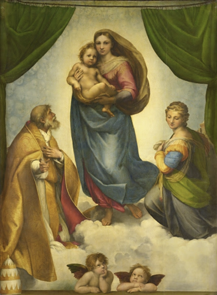 Raphael, Sixtinesch Madonna (1512-13).  Sammlung vun der Gemäldegalerie Alte Meister am Dresden Staatskonschtmusée.